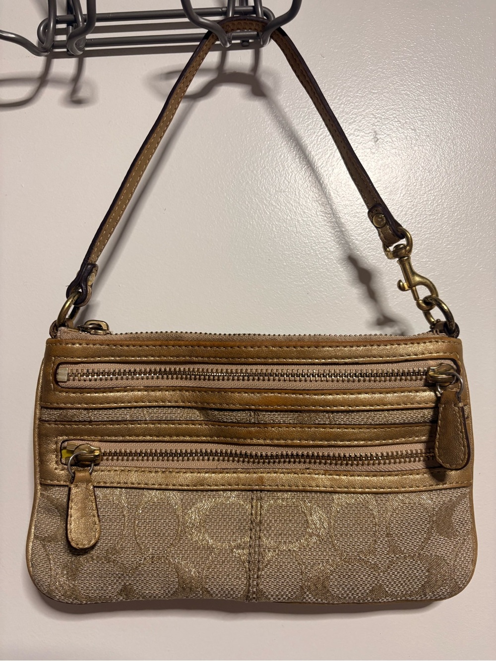 Coach Metallic Gold Signature Canvas Wristlet with Leather Trim